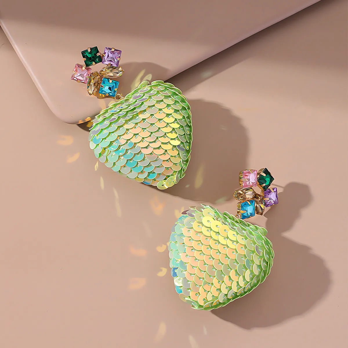 Green Crystal & Sequins 18K Gold-Plated Heart Drop Earrings