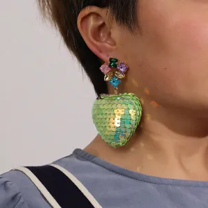 Green Crystal & Sequins 18K Gold-Plated Heart Drop Earrings
