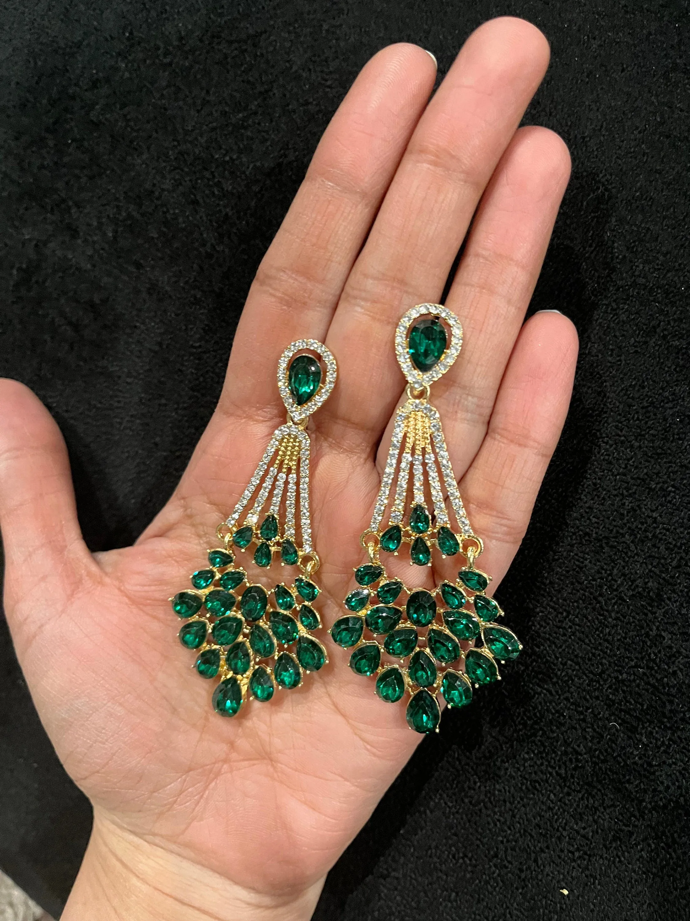Green Crystal earrings , large green earrings , green and gold tone rhinestone earrings , emerald earrings , green earrings