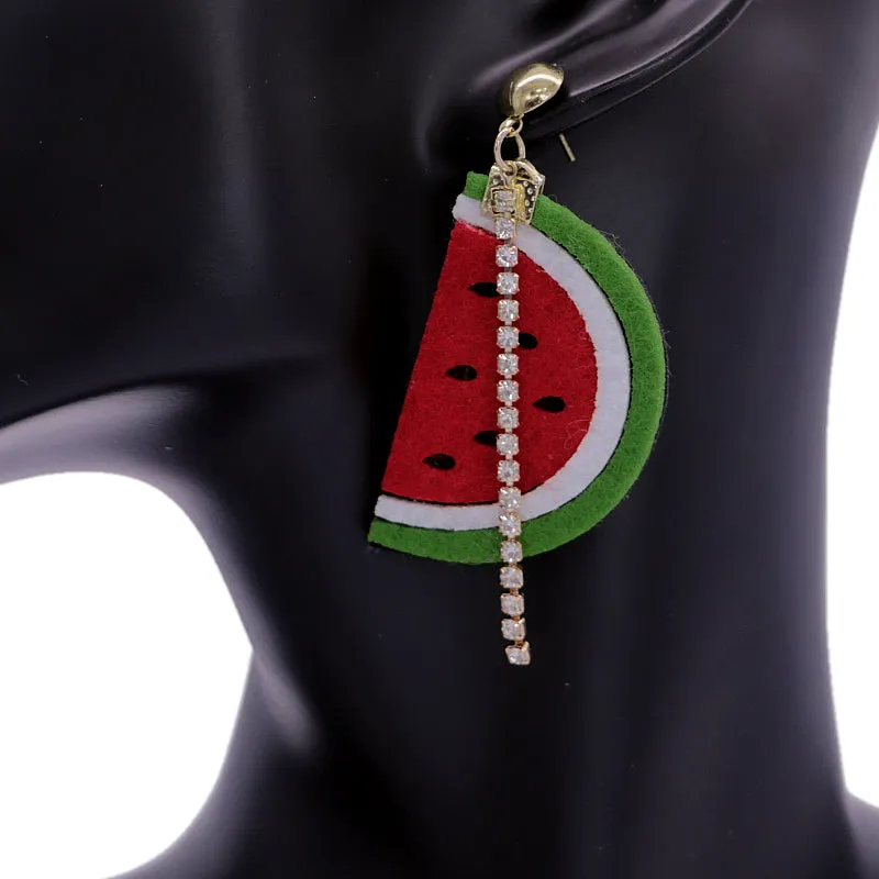 Green Red Seeded Watermelon Half Rhinestone Earrings