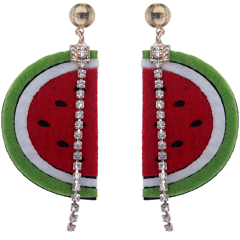 Green Red Seeded Watermelon Half Rhinestone Earrings