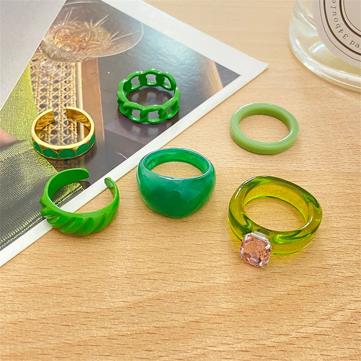 Green Resin & Crystal Enamel 18K Gold-Plated Heart Ring Set