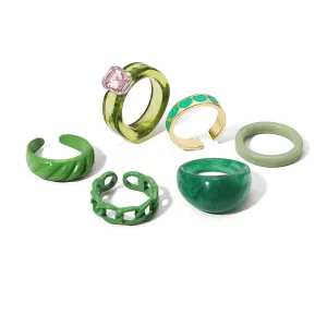Green Resin & Crystal Enamel 18K Gold-Plated Heart Ring Set