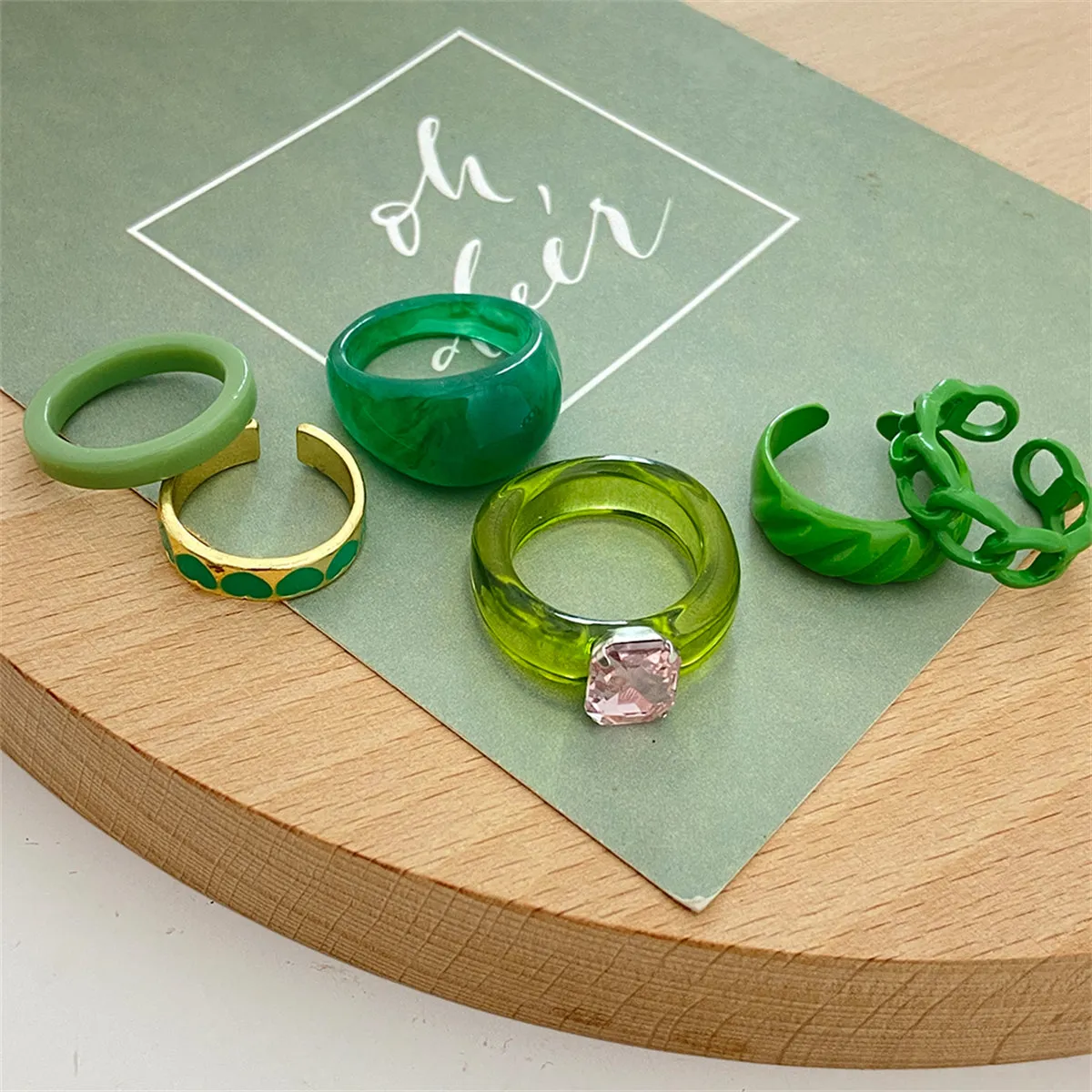 Green Resin & Crystal Enamel 18K Gold-Plated Heart Ring Set