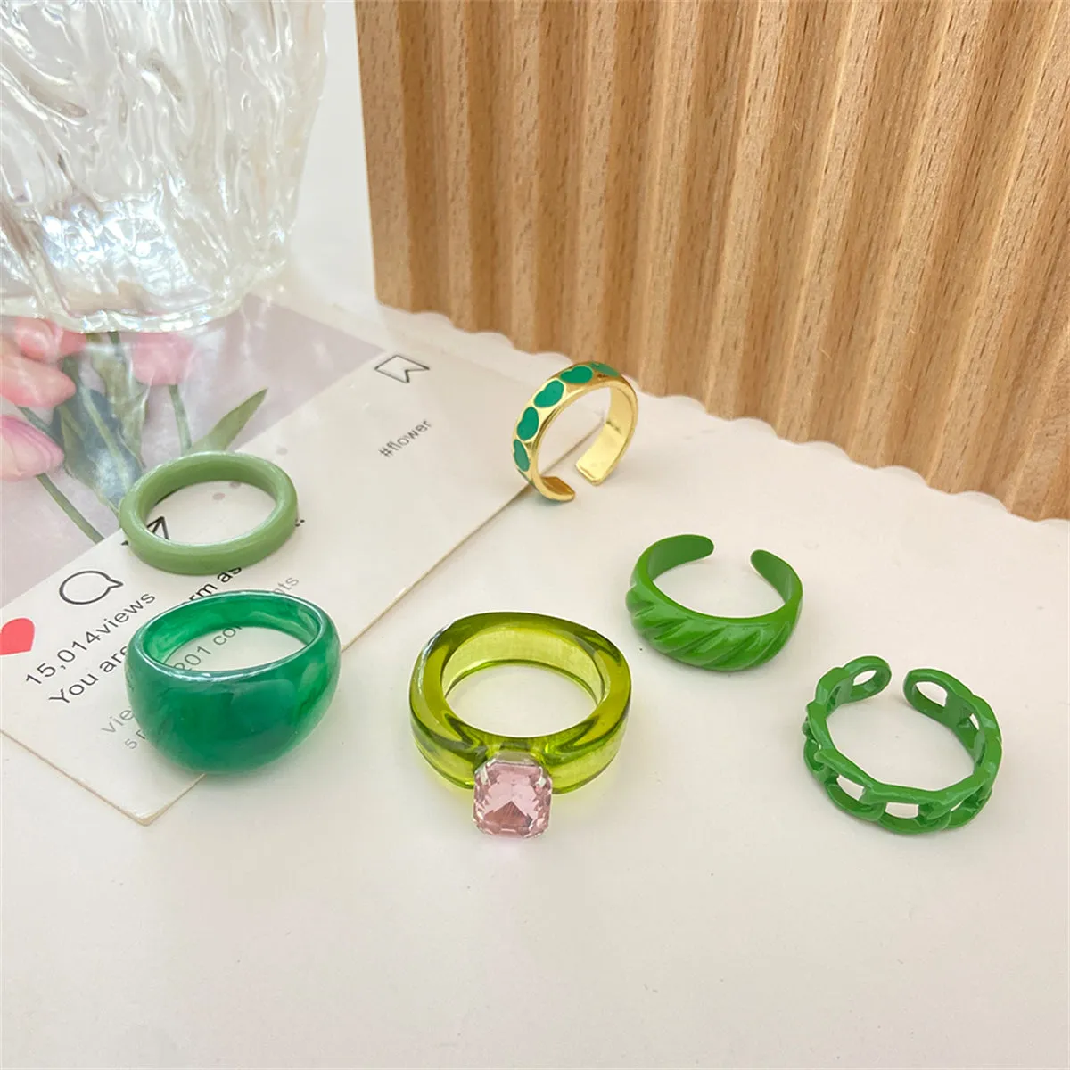Green Resin & Crystal Enamel 18K Gold-Plated Heart Ring Set