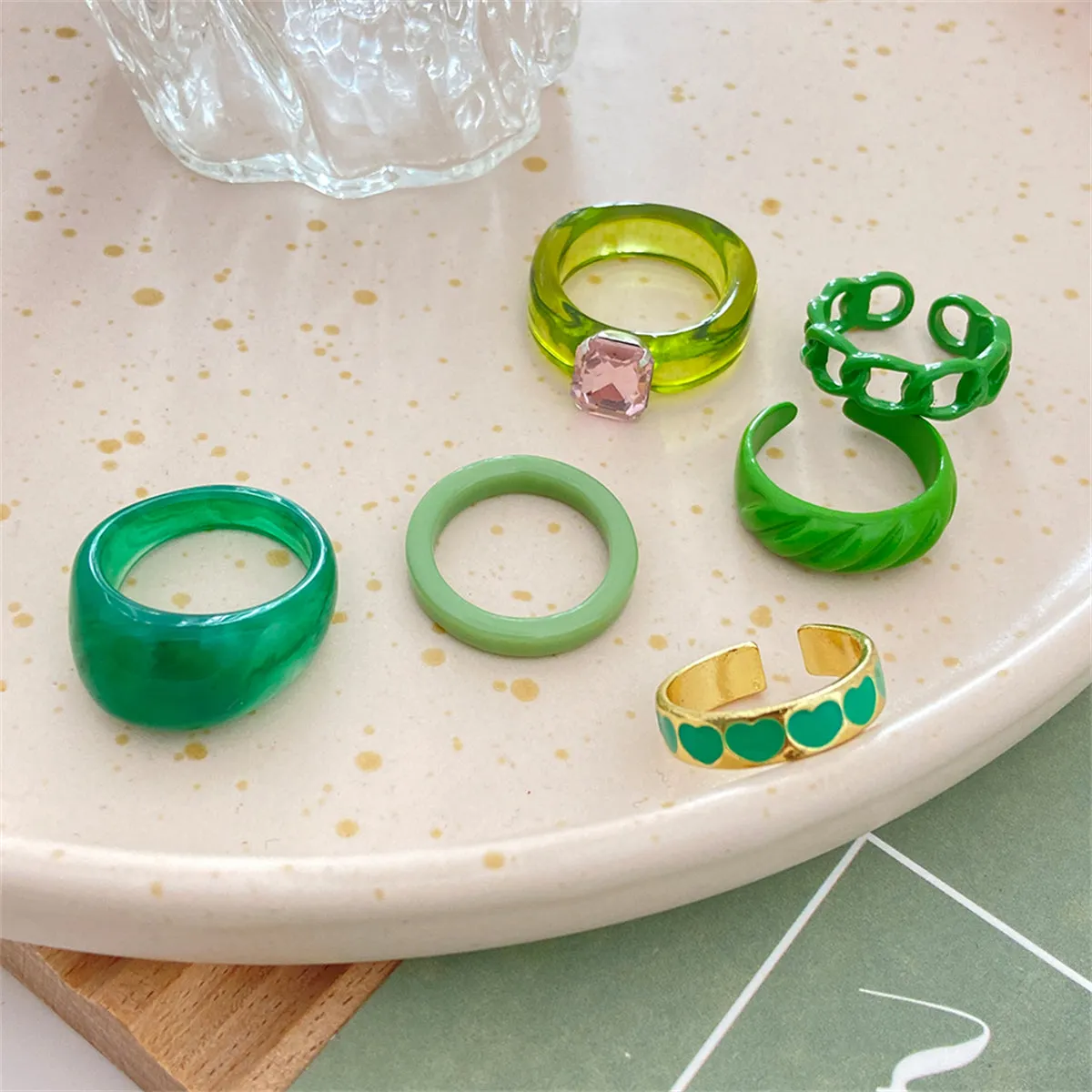 Green Resin & Crystal Enamel 18K Gold-Plated Heart Ring Set