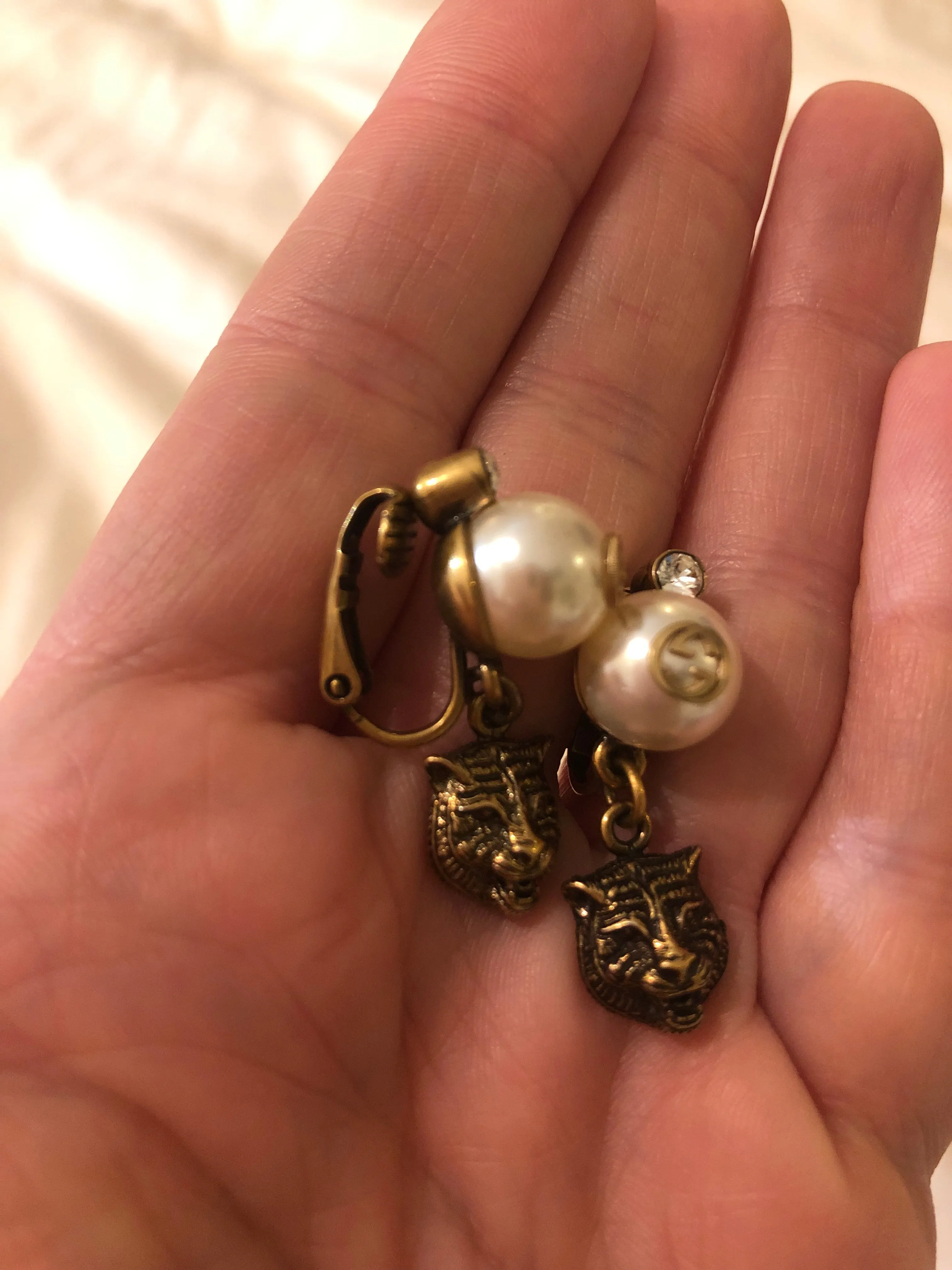 GUCCI Feline Head Brass and Crystal Drop Earrings