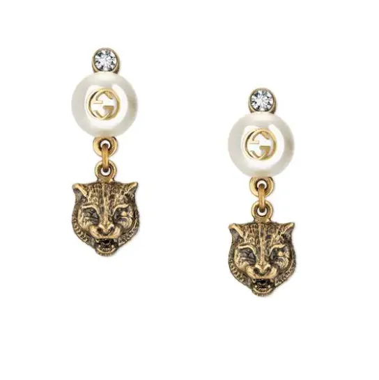 GUCCI Feline Head Brass and Crystal Drop Earrings