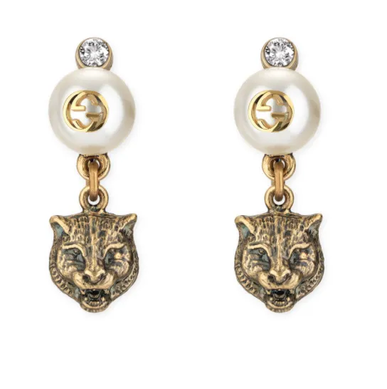 GUCCI Feline Head Brass and Crystal Drop Earrings