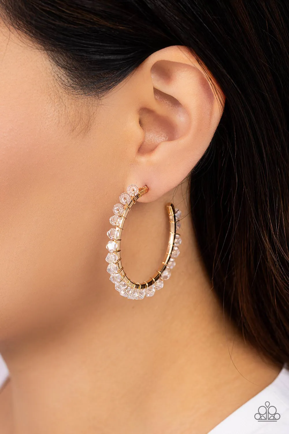 Halo Hustle - Gold - White Bead Paparazzi Hoop Earrings