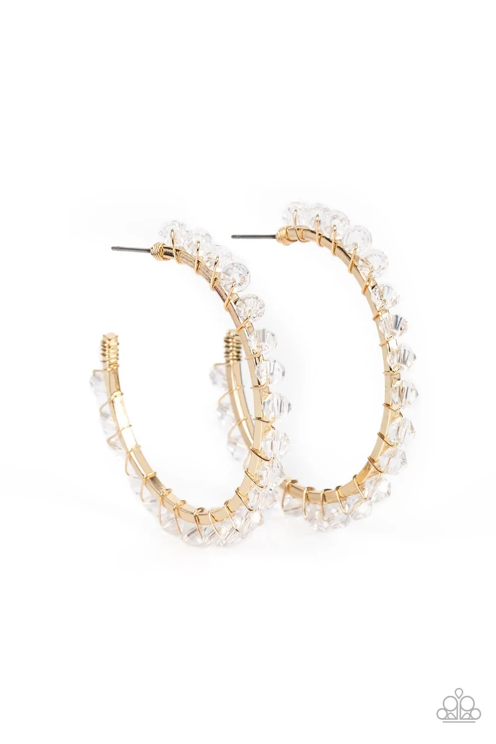 Halo Hustle - Gold - White Bead Paparazzi Hoop Earrings
