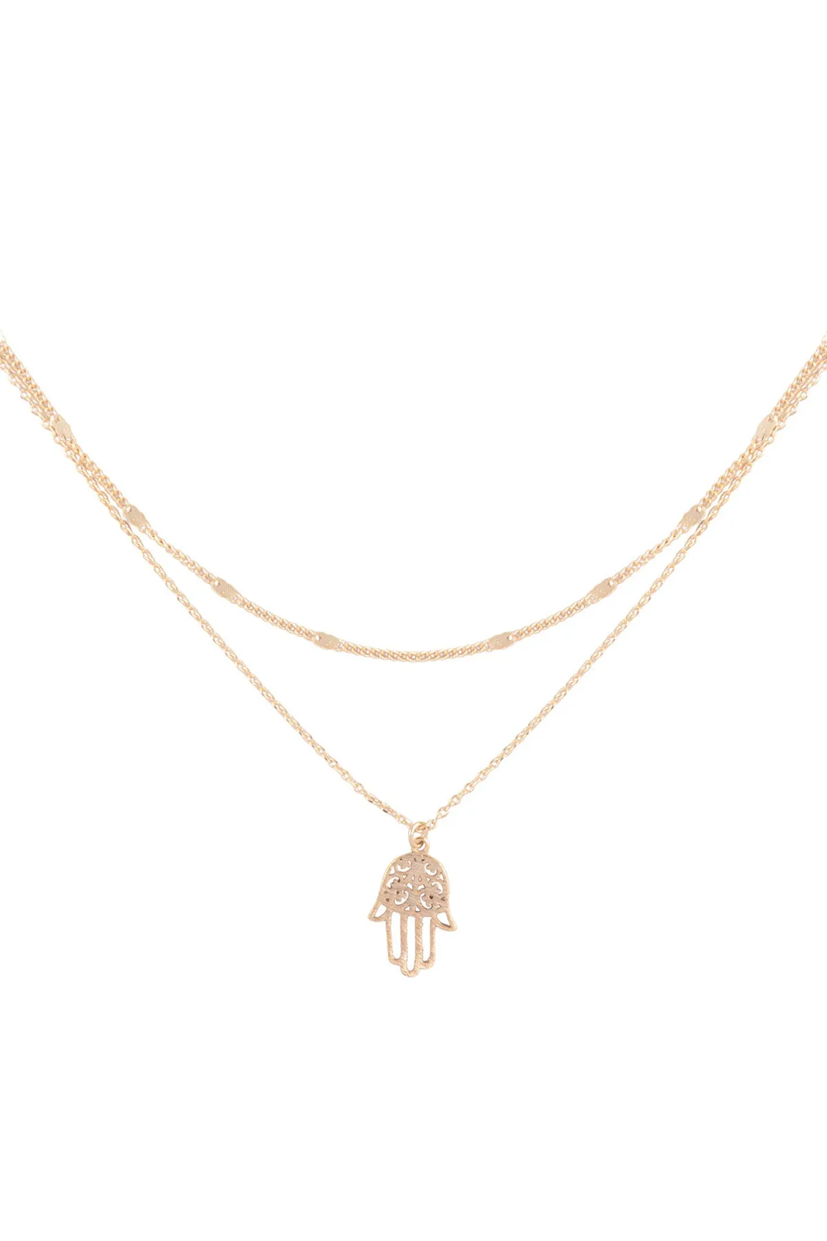 HAMSA HAND FILIGREE PENDANT 2 LAYERED BRASS NECKLACE