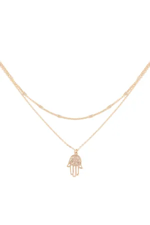 HAMSA HAND FILIGREE PENDANT 2 LAYERED BRASS NECKLACE