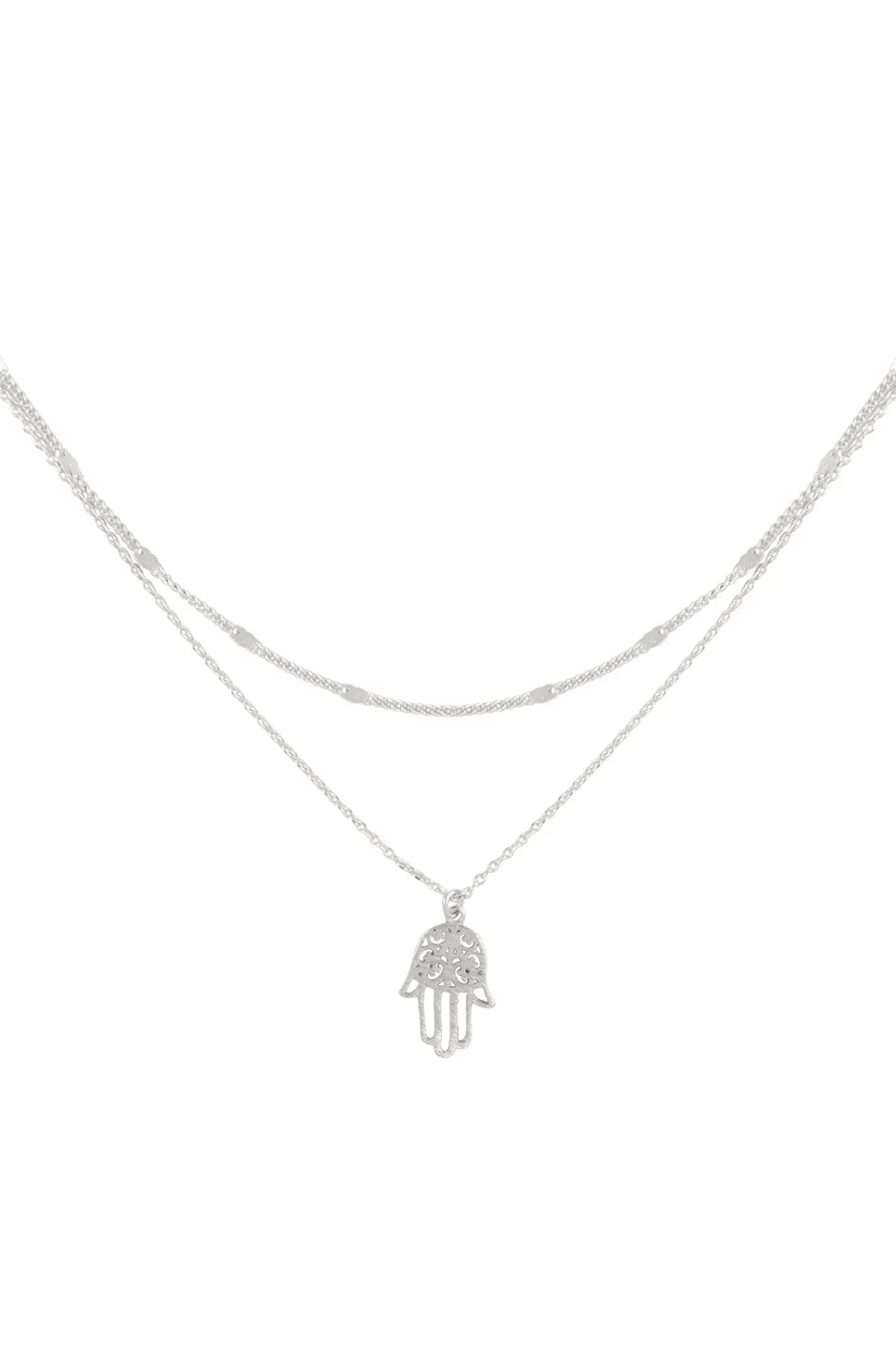 HAMSA HAND FILIGREE PENDANT 2 LAYERED BRASS NECKLACE