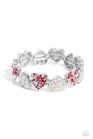 Headliner Heart - Multi - Red, Pink, Purple, and Iridescent Rhinestone Encrusted Heart Paparazzi Stretchy Bracelet