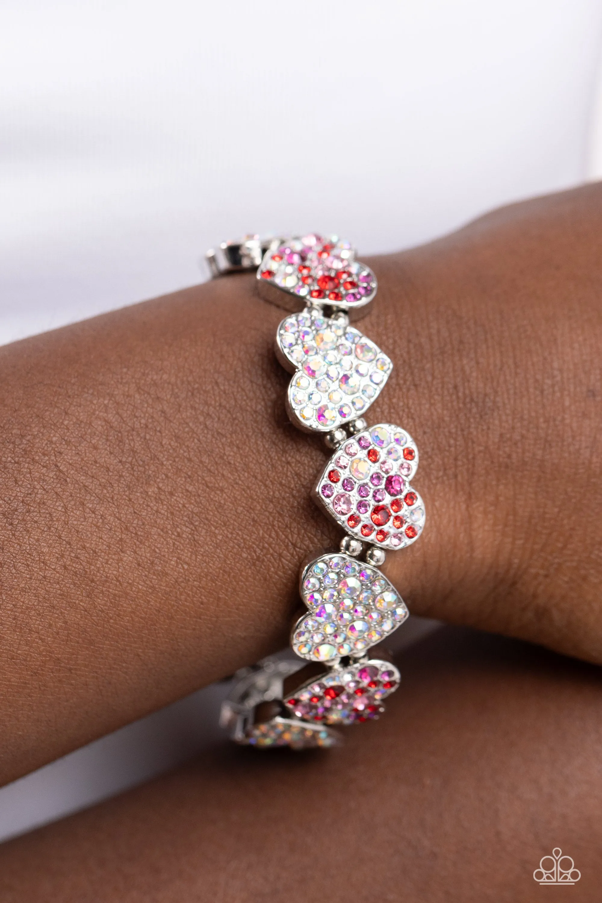 Headliner Heart - Multi - Red, Pink, Purple, and Iridescent Rhinestone Encrusted Heart Paparazzi Stretchy Bracelet