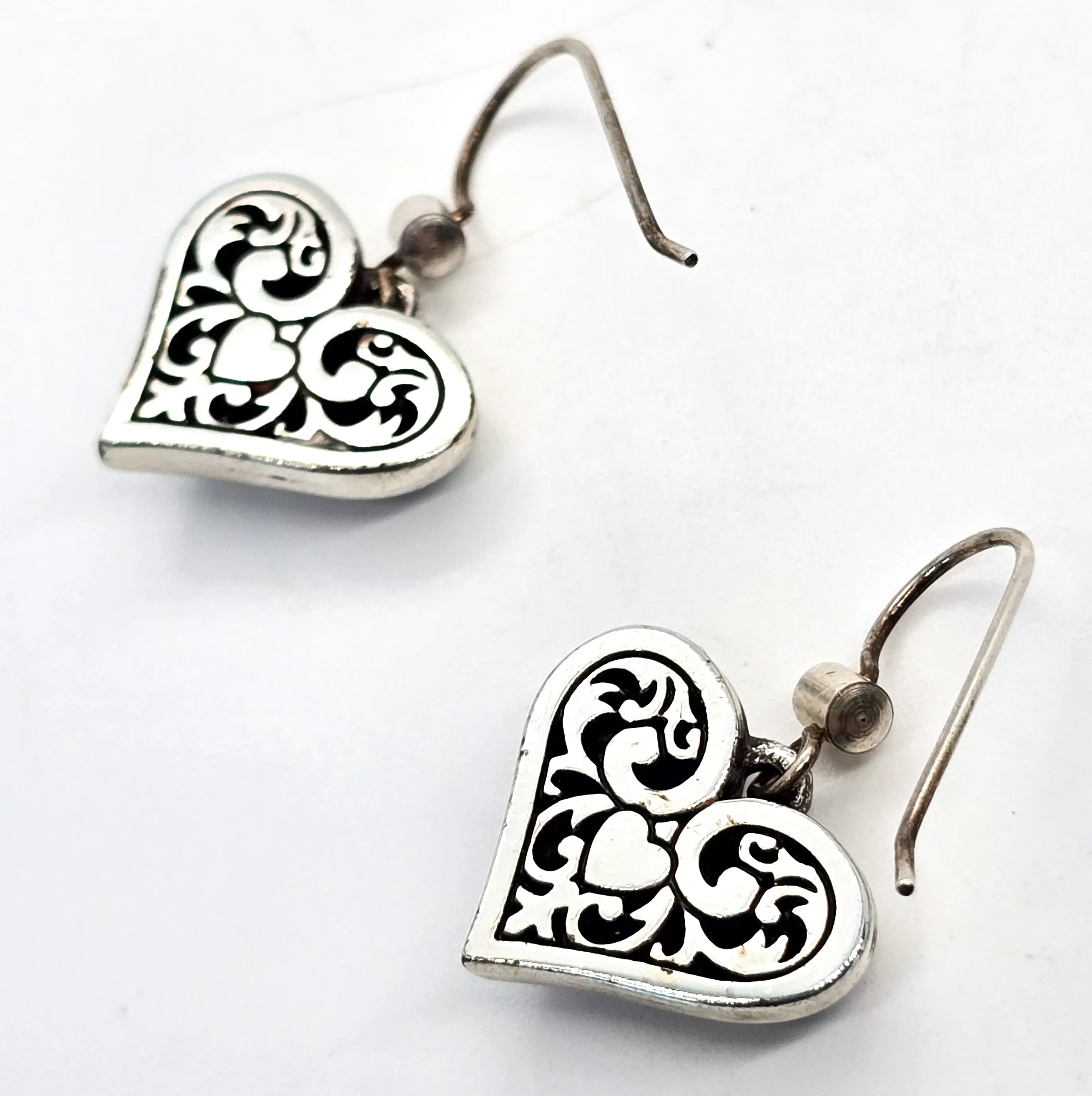 Heart Rhinestone drop silver plated scroll earrings