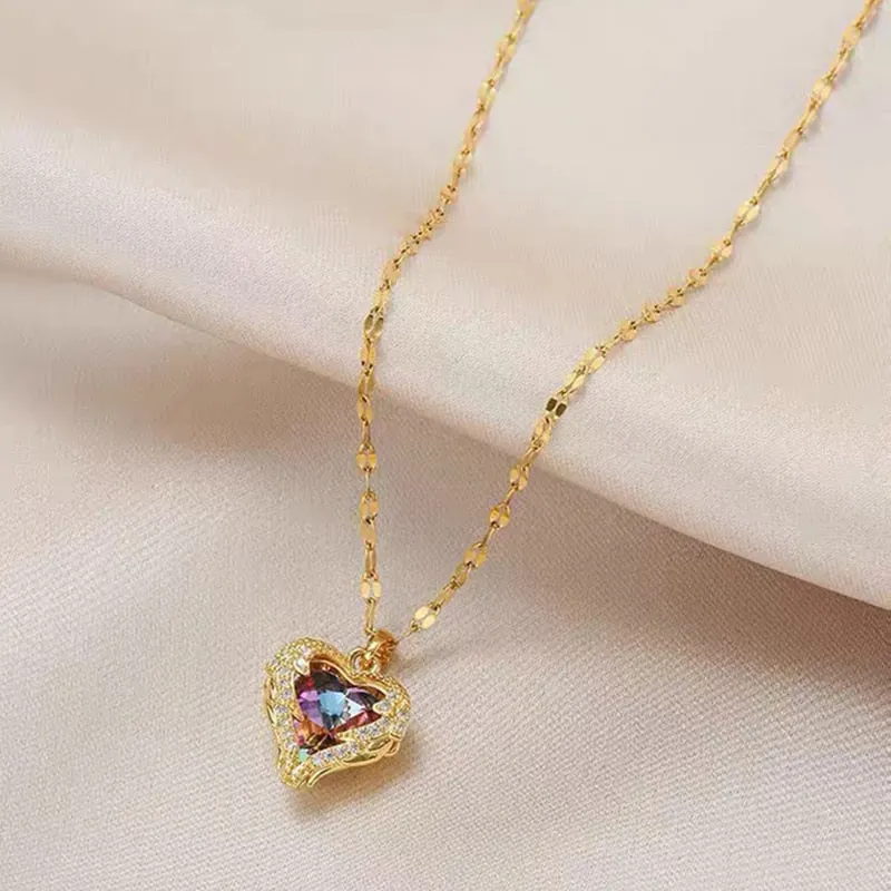 Heart Shaped Opal Chain Pendant Necklace For Women