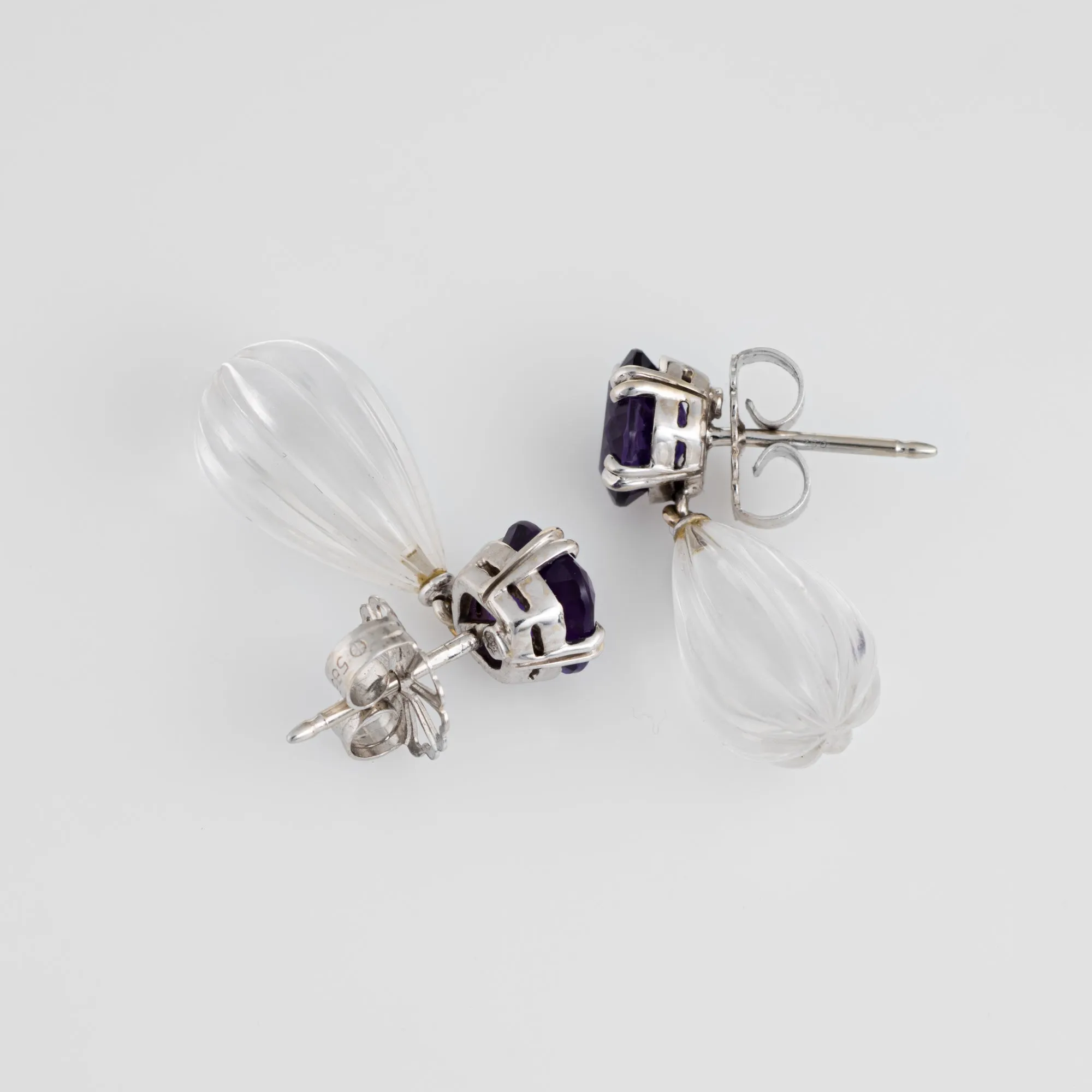Janet Mavec Earrings Amethyst Fluted Rock Crystal 18k White Gold Estate Jewelry