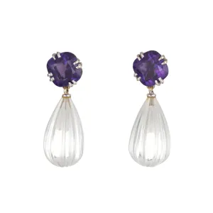 Janet Mavec Earrings Amethyst Fluted Rock Crystal 18k White Gold Estate Jewelry
