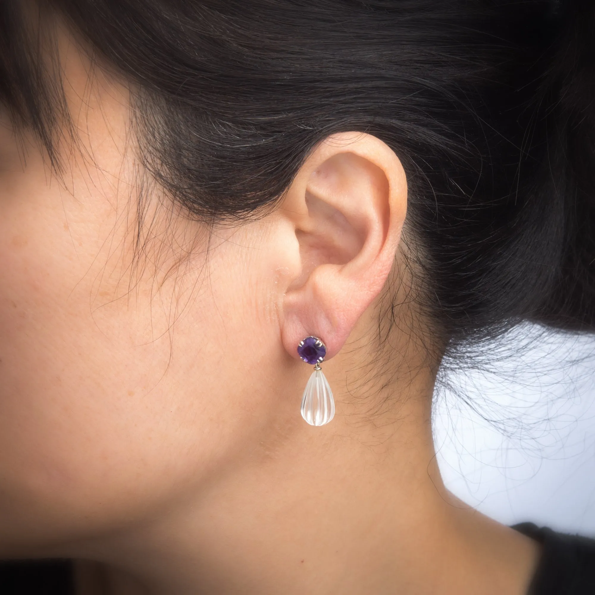 Janet Mavec Earrings Amethyst Fluted Rock Crystal 18k White Gold Estate Jewelry