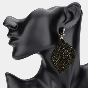 Jet Black Rhinestone Embellished Fun Fashion Leaf Shaped Earrings on Gold| Headshot Earrings |  613102