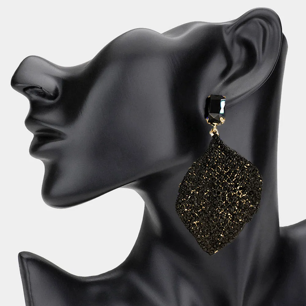 Jet Black Rhinestone Embellished Fun Fashion Leaf Shaped Earrings on Gold| Headshot Earrings |  613102