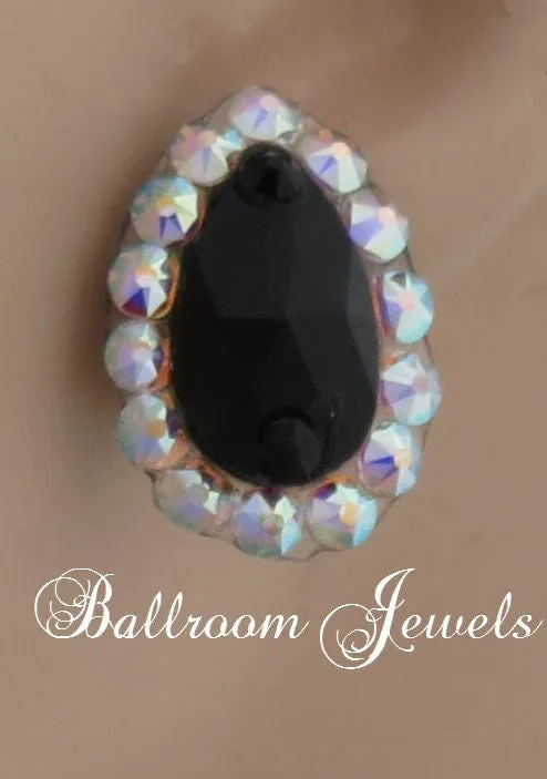 Jet pear surrounded by aurora borealis crystals ballroom earrings - Jet black