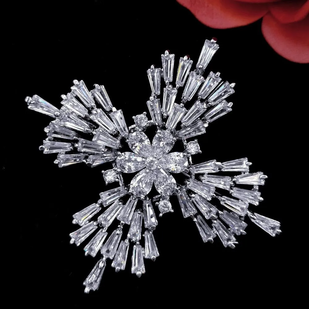 Jewelblings Old European Stylish Baguette Cut CZ Flower Domed Clear Cross Shaped Brooches Snowflake Pins Winter Holiday Jewelry for Women