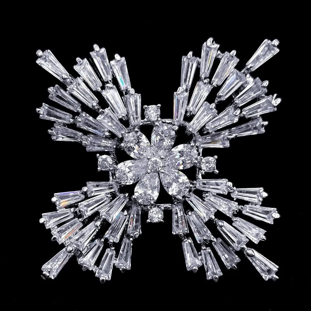Jewelblings Old European Stylish Baguette Cut CZ Flower Domed Clear Cross Shaped Brooches Snowflake Pins Winter Holiday Jewelry for Women