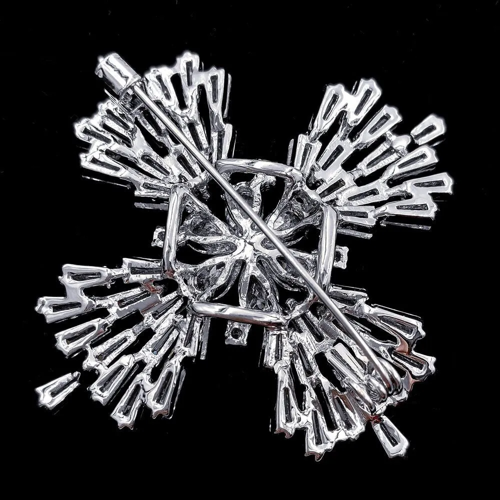 Jewelblings Old European Stylish Baguette Cut CZ Flower Domed Clear Cross Shaped Brooches Snowflake Pins Winter Holiday Jewelry for Women