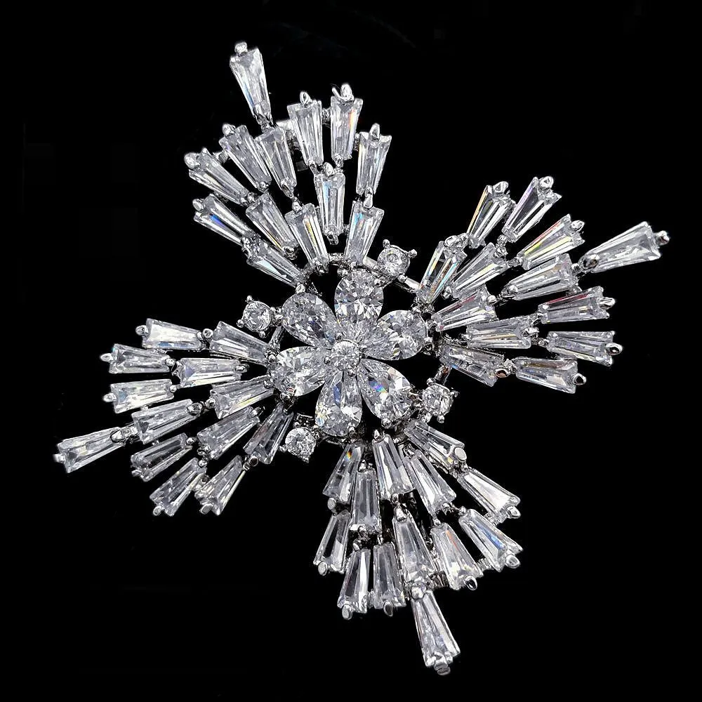 Jewelblings Old European Stylish Baguette Cut CZ Flower Domed Clear Cross Shaped Brooches Snowflake Pins Winter Holiday Jewelry for Women
