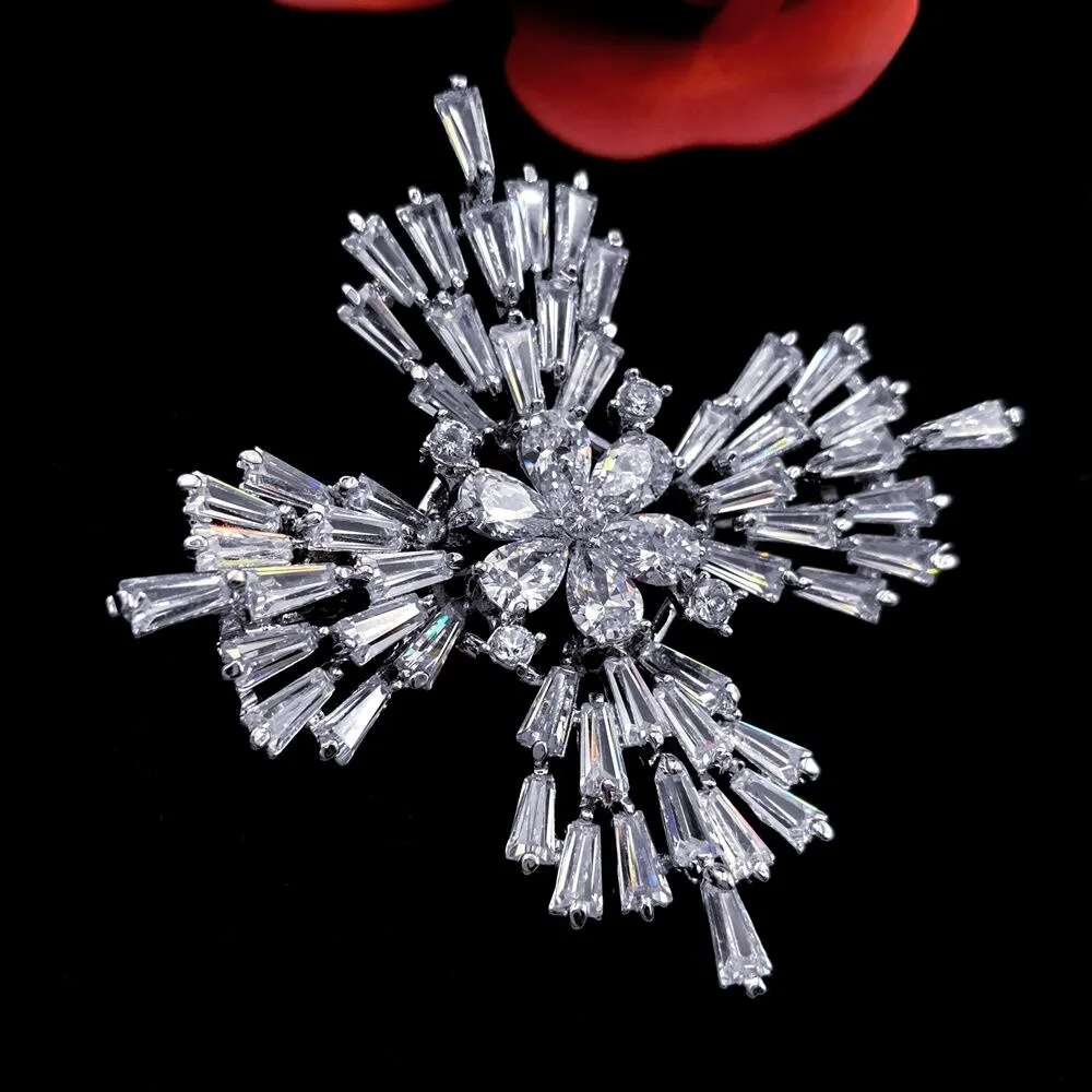 Jewelblings Old European Stylish Baguette Cut CZ Flower Domed Clear Cross Shaped Brooches Snowflake Pins Winter Holiday Jewelry for Women