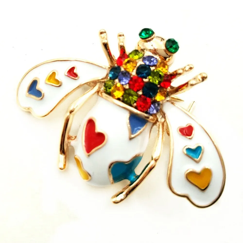 Jewelblings Pretty Pave Colored Crystal White Enameled Beetle Bug Brooches Gold Tone Colorful Heart Spotted Bee Pins Broach Insect Jewelry
