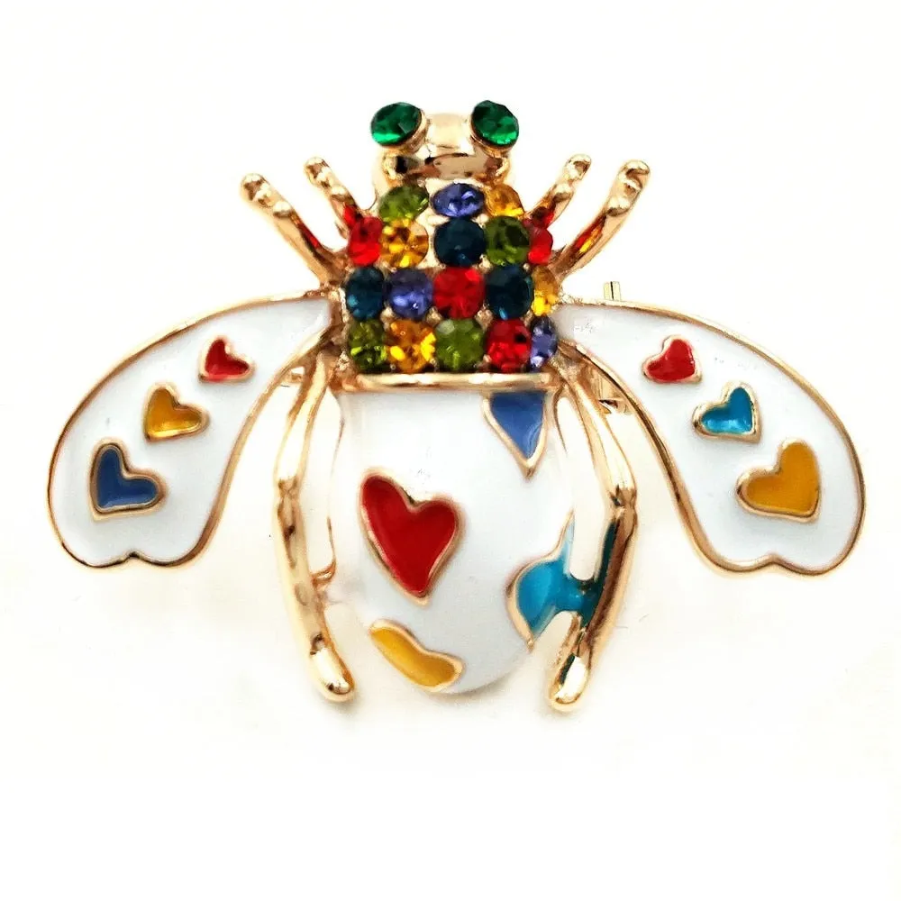Jewelblings Pretty Pave Colored Crystal White Enameled Beetle Bug Brooches Gold Tone Colorful Heart Spotted Bee Pins Broach Insect Jewelry