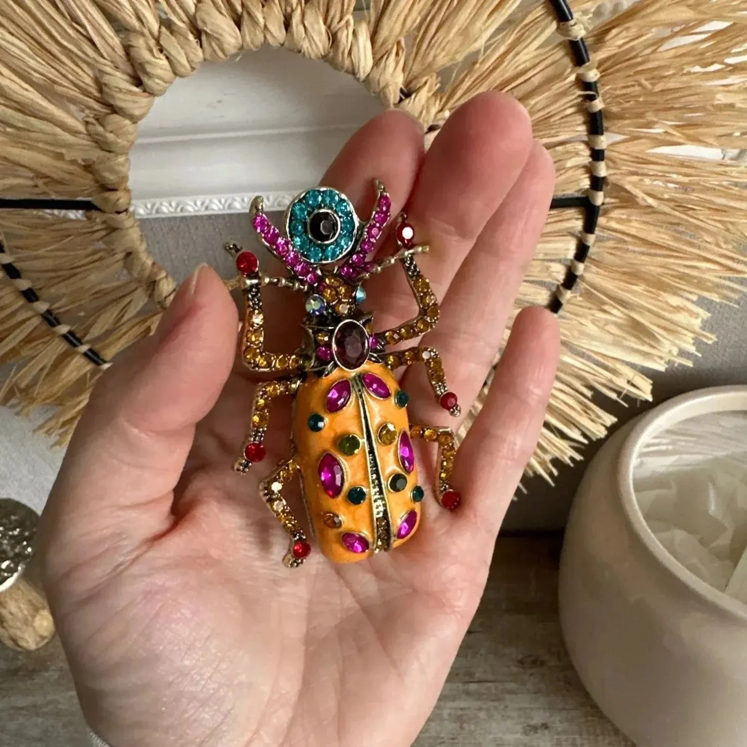 Jumbo Enamel Rhinestone Beetle Brooches