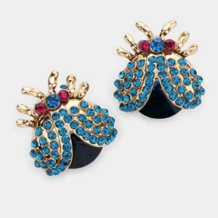 Ladybug Blue Rhinestone Evening Stud Earrings
