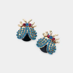 Ladybug Blue Rhinestone Evening Stud Earrings