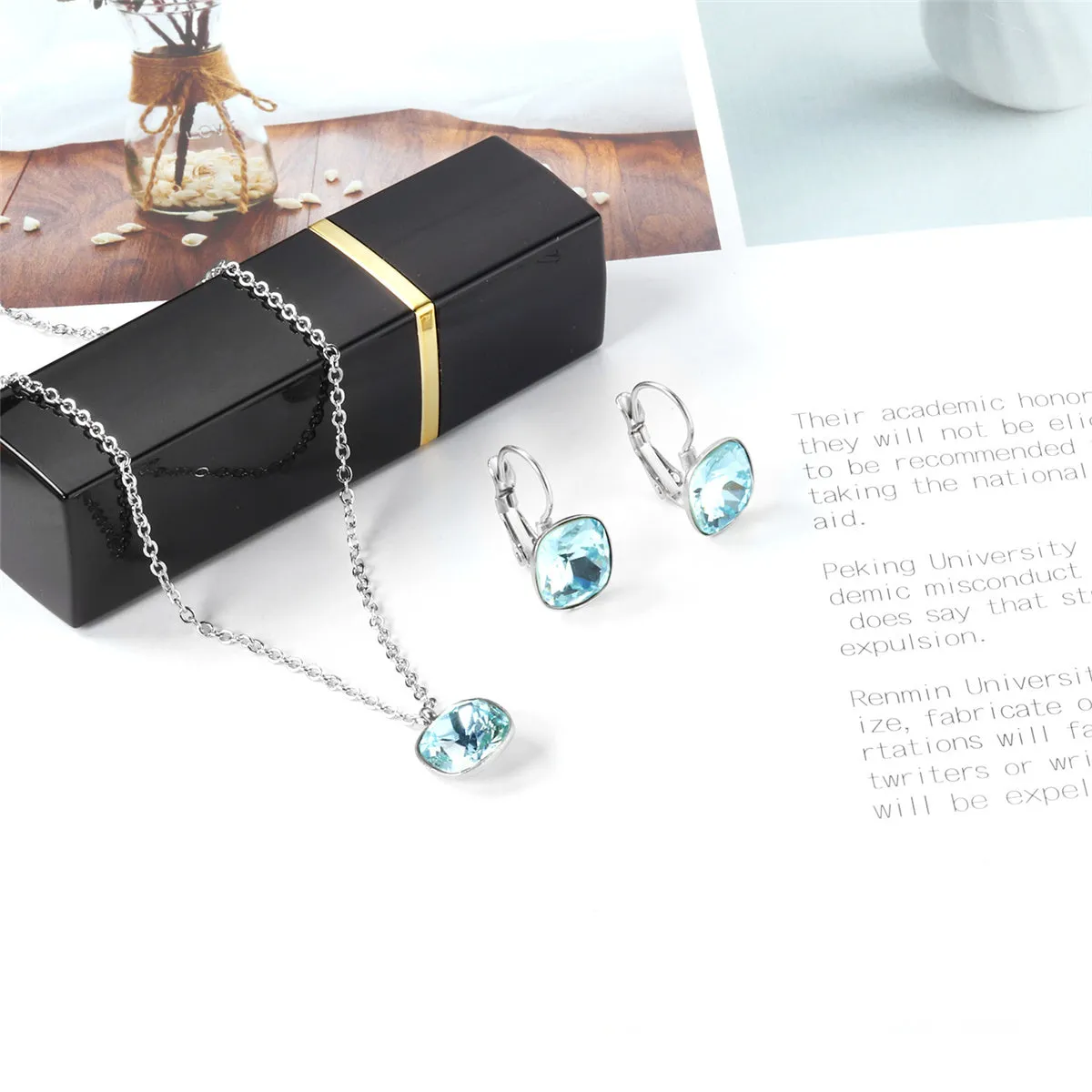 Lake Blue Crystal & Silver-Plated Square Huggie Earring Set