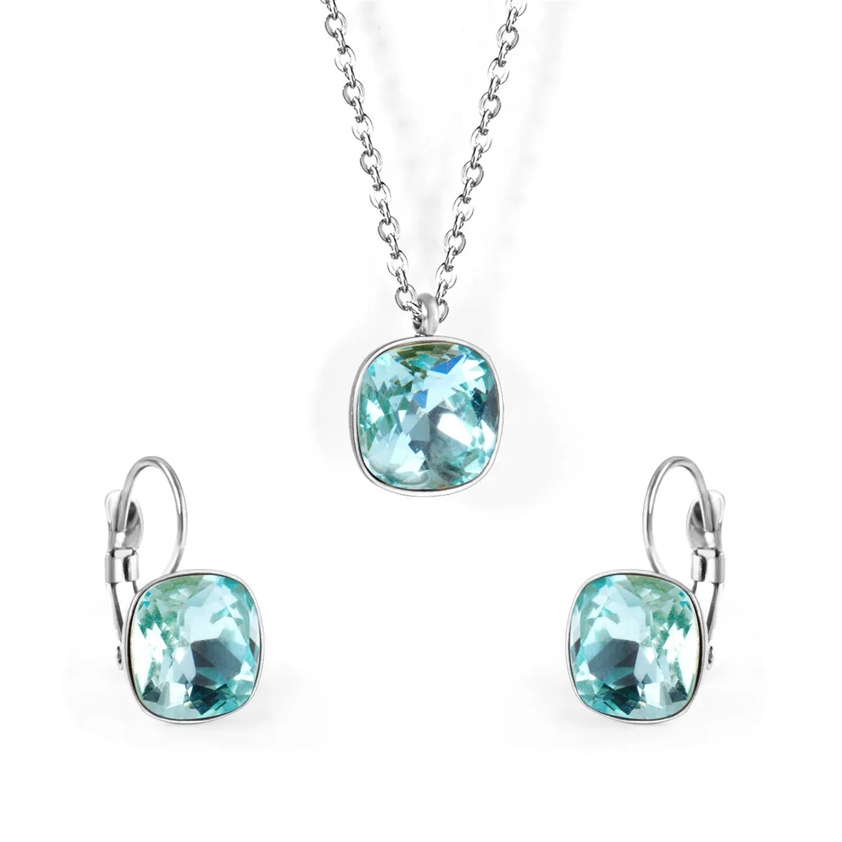 Lake Blue Crystal & Silver-Plated Square Huggie Earring Set