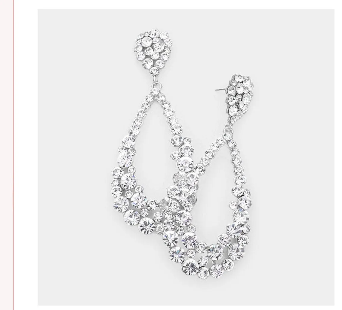Large clear earrings, bride earrings, clear crystal earrings, oversized clear earrings, clear silver teardrop earrings, pageant clear 3.75”