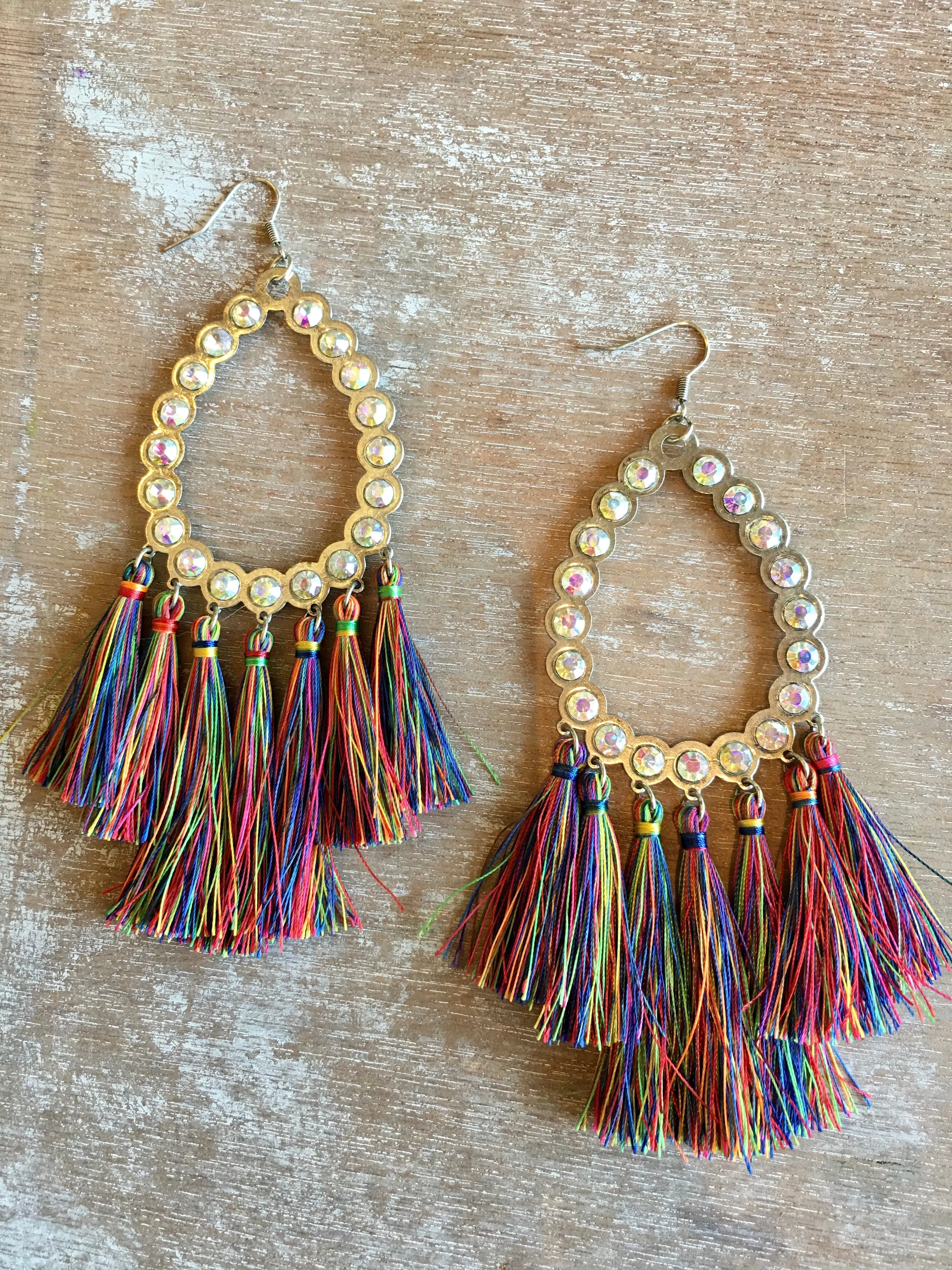 Large Rhinestone & Multicolor Fringe Earrings