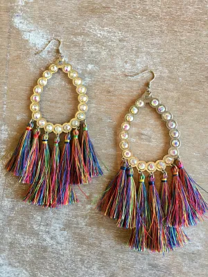 Large Rhinestone & Multicolor Fringe Earrings
