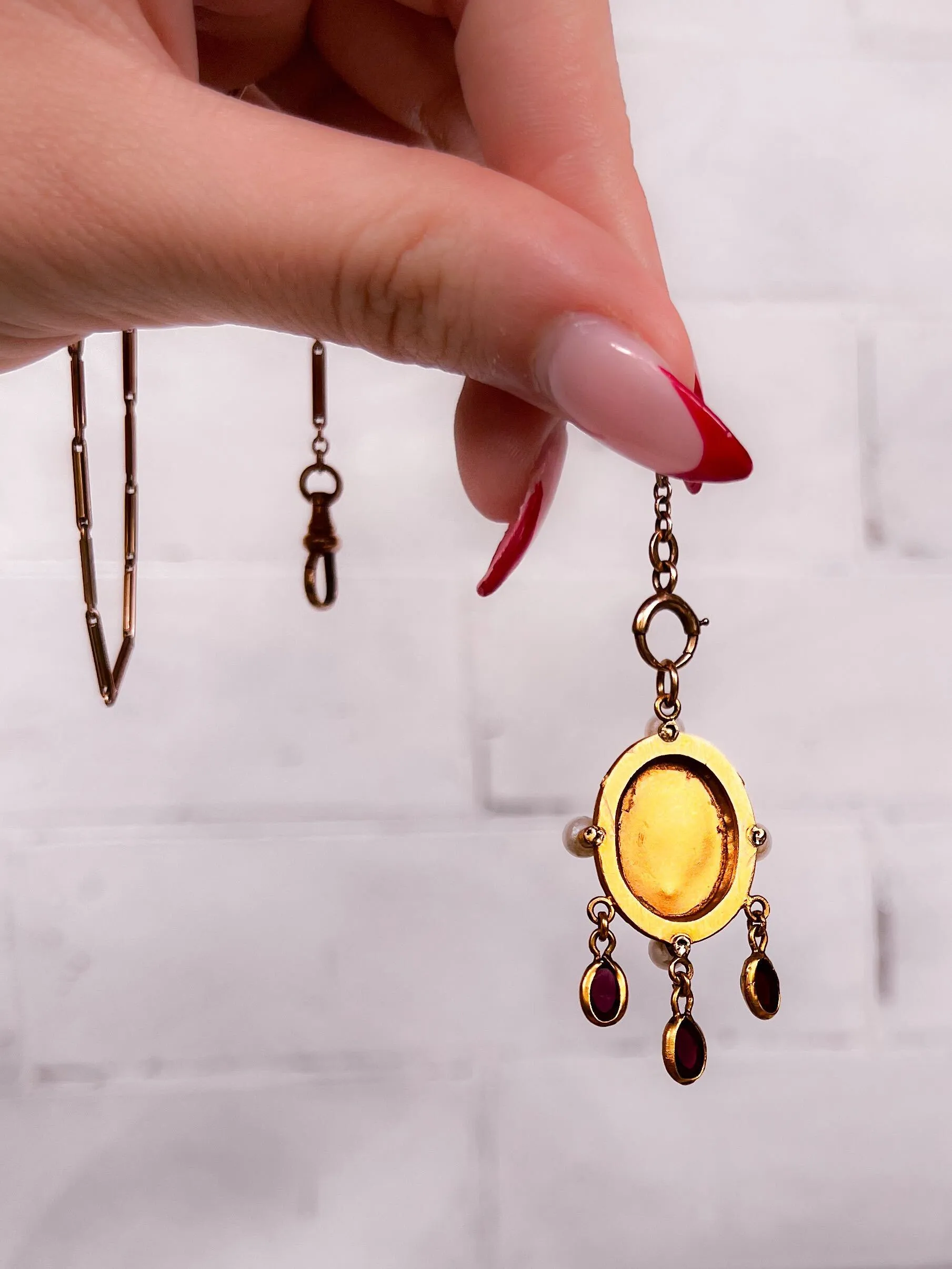 Late 19th C Garnet and Pearl Pinchbeck Pendant