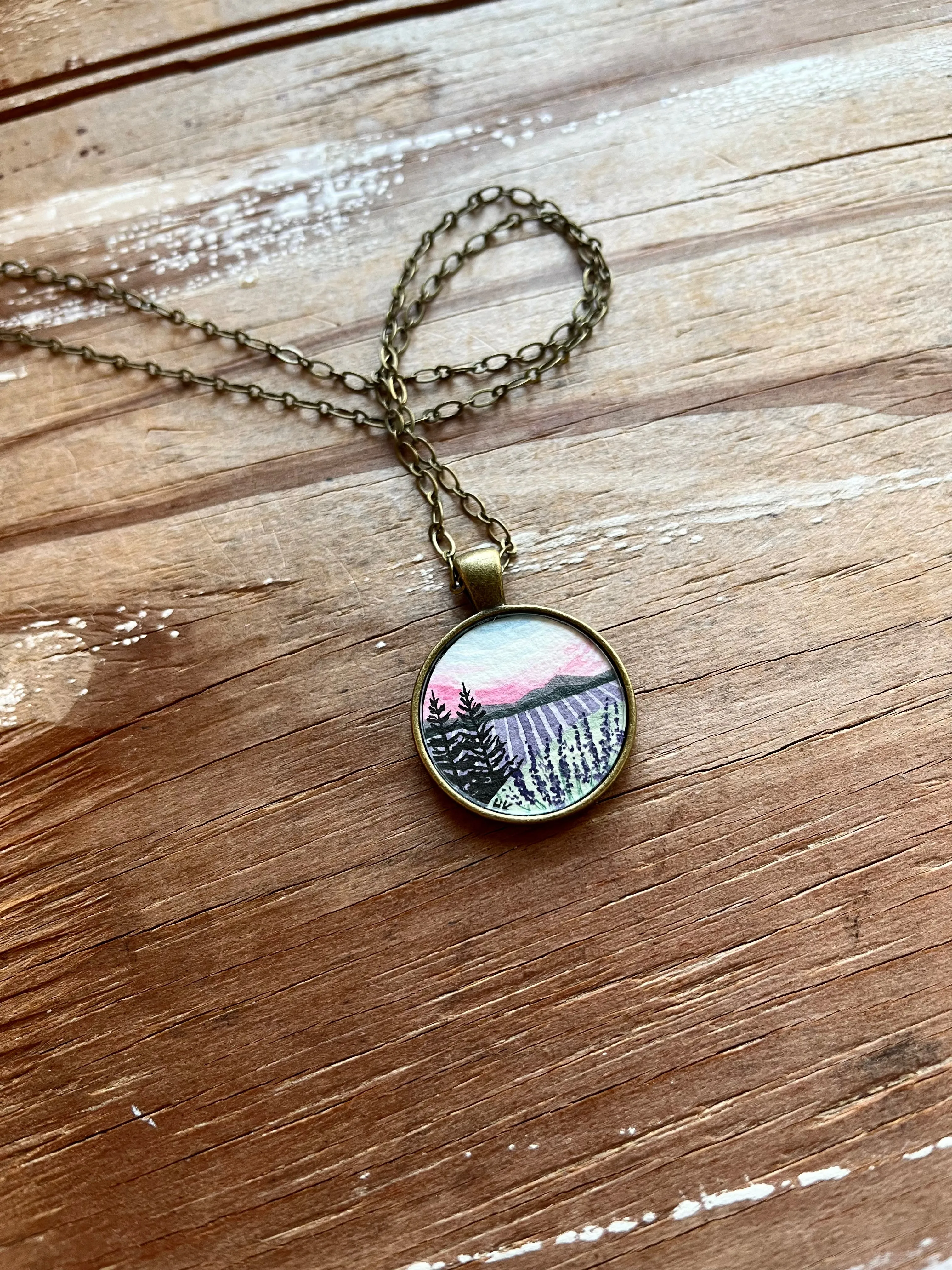 Lavender Field with Pink Sky Landscape Art, Hand Painted Necklace, Original Watercolor Painting