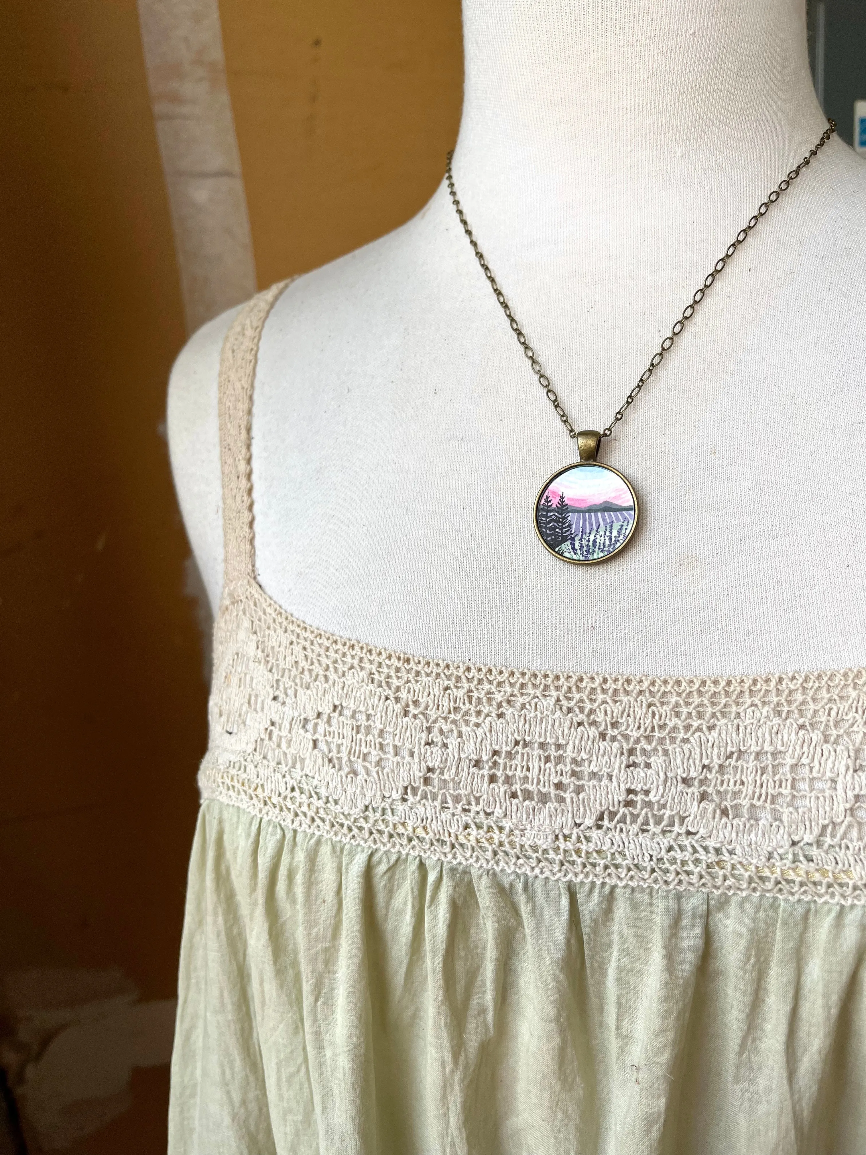 Lavender Field with Pink Sky Landscape Art, Hand Painted Necklace, Original Watercolor Painting