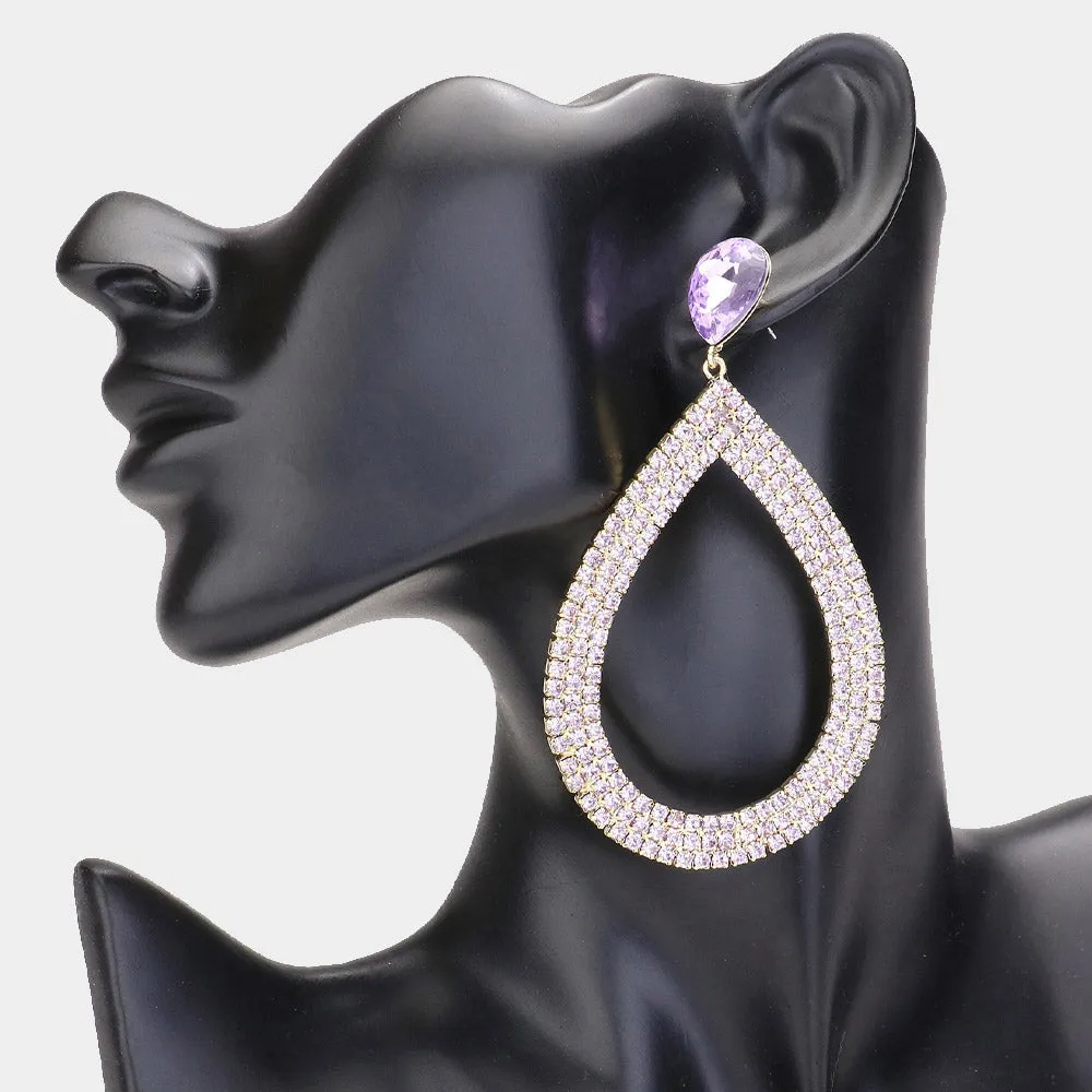 Lavender Rhinestone Open Teardrop Dangle Pageant Earrings  | Prom Earrings | 620427