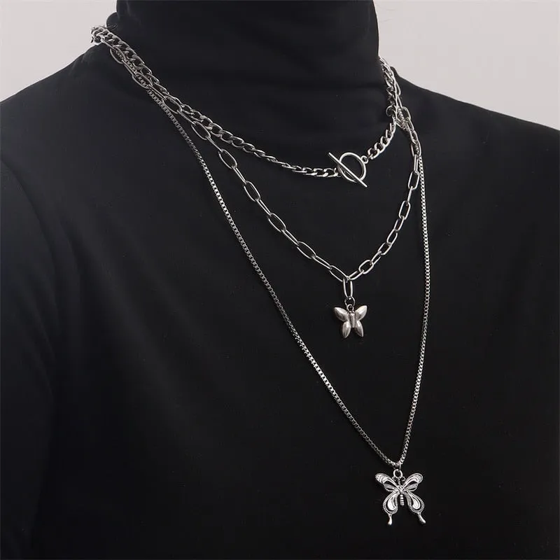 Layer Butterfly Cross Angel Pendant Grunge Metal Chain Necklace