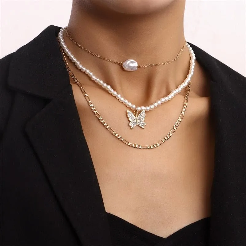 Layer Butterfly Cross Angel Pendant Grunge Metal Chain Necklace