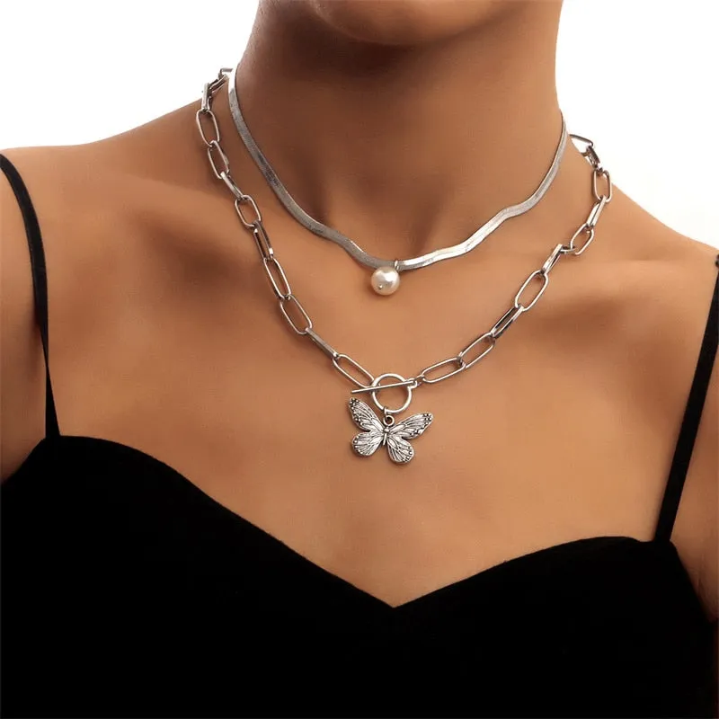Layer Butterfly Cross Angel Pendant Grunge Metal Chain Necklace